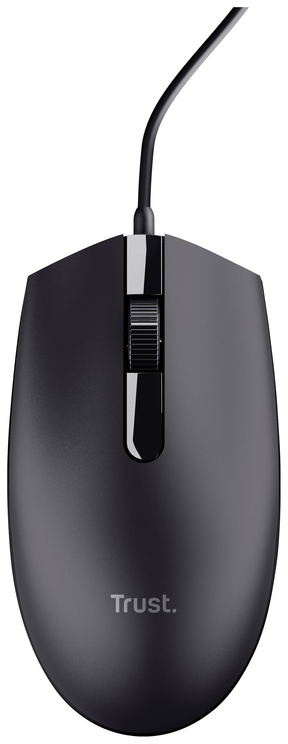 Black wired Trust computer mouse with two buttons and a scroll wheel in the centre.