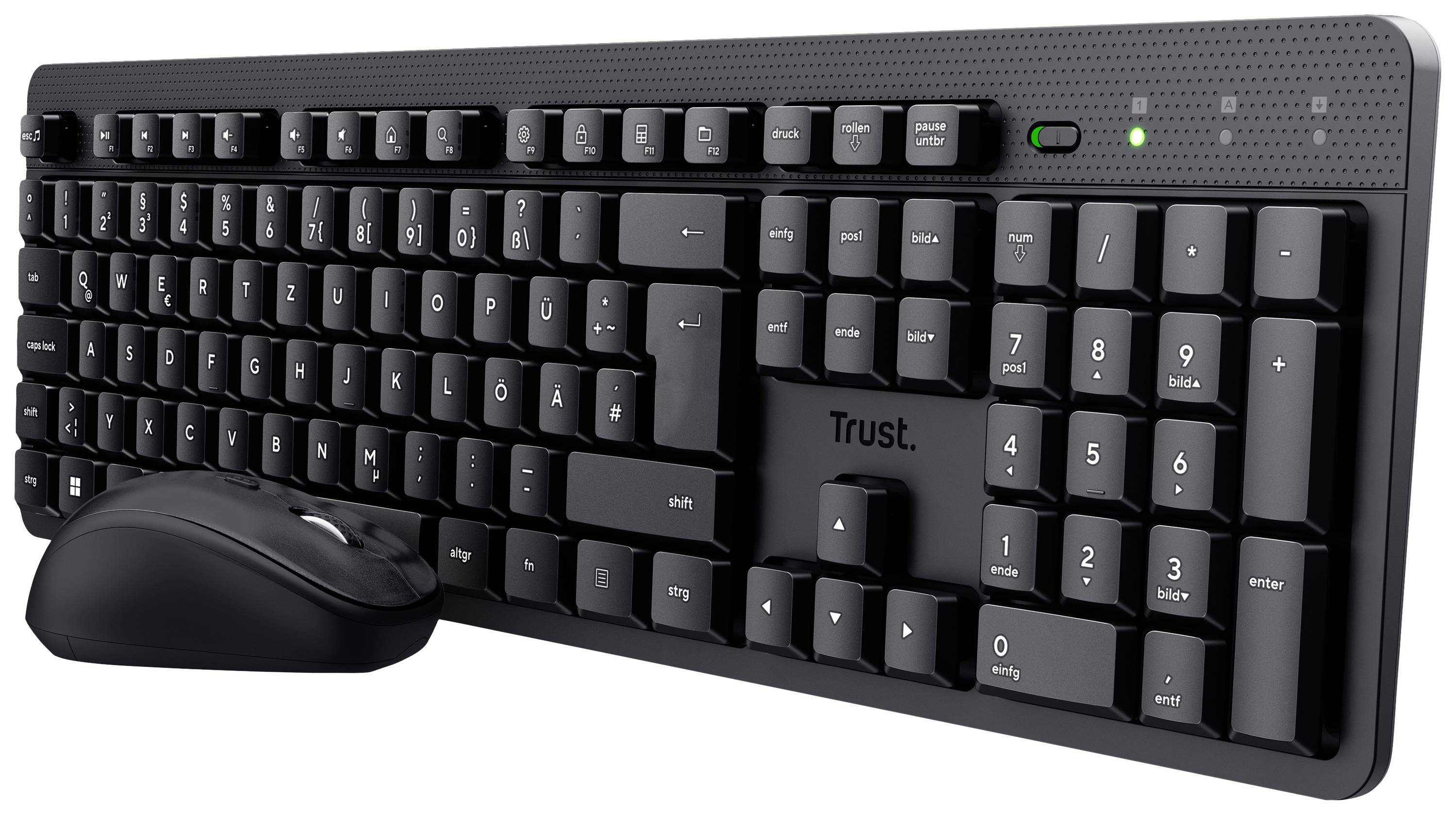 A wireless keyboard and mouse, both in black. The keyboard features a standard layout with function keys and LED indicators.