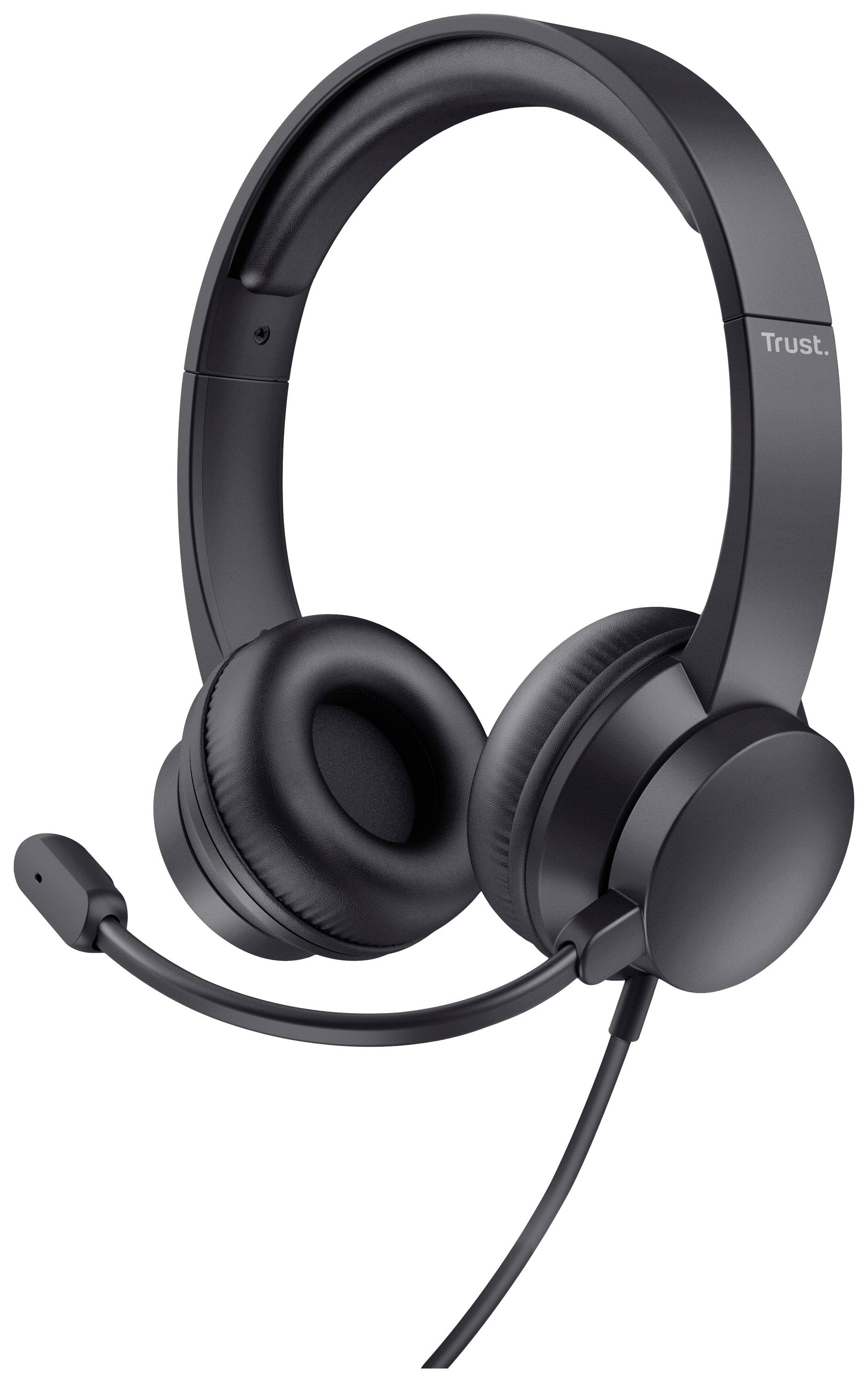 Black over-ear headset with microphone arm. Ideal for telephone calls and audio playback. Simple design, wired.