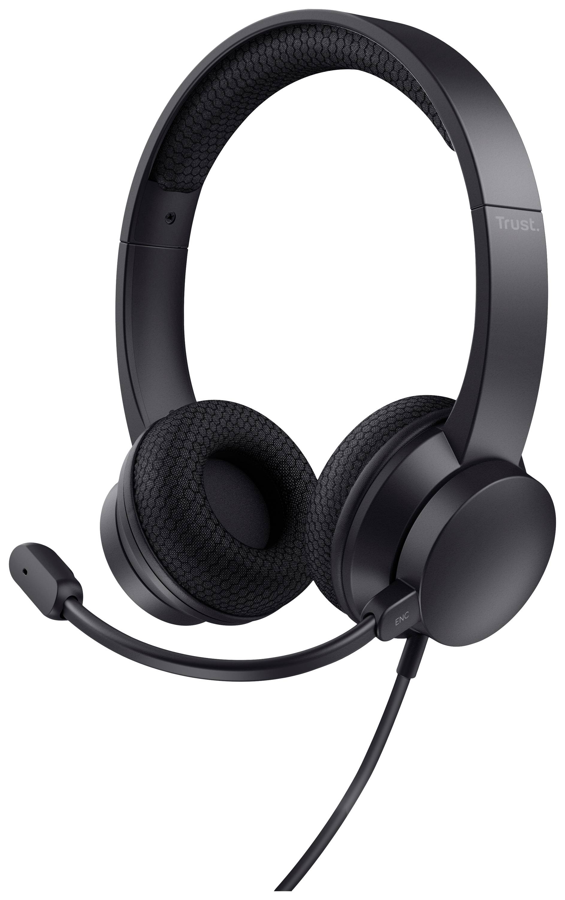 Black over-ear headphones with a flexible microphone arm, padded ear cups, and cable connection. Designed for comfortable listening.