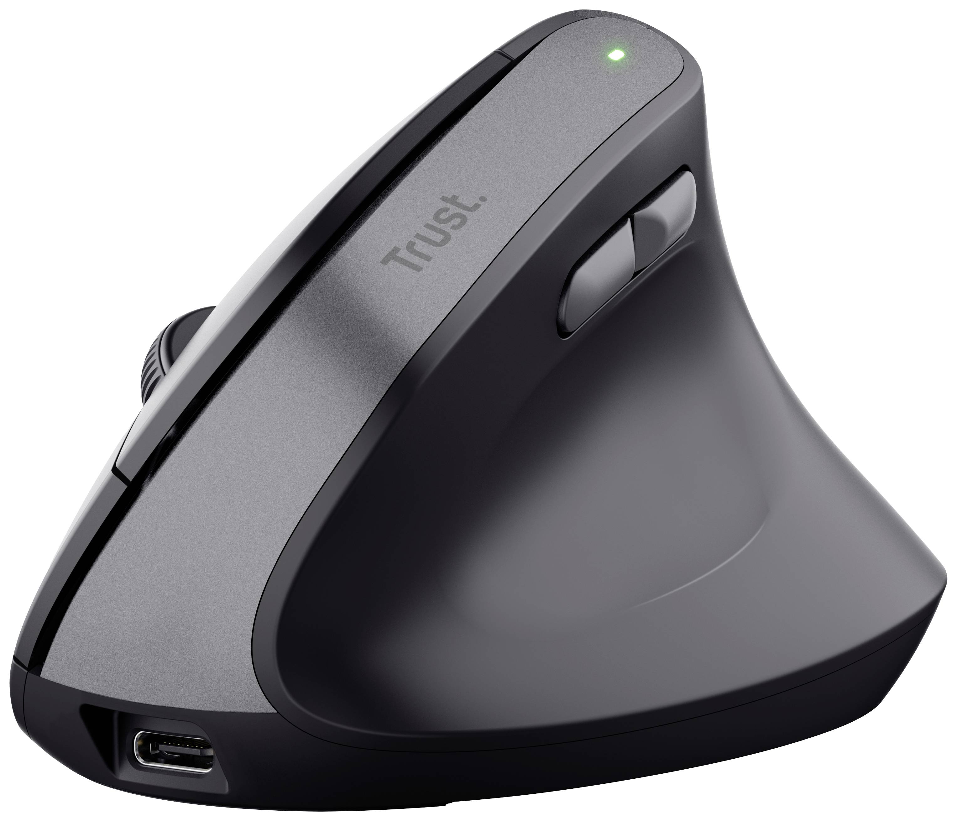 Vertical ergonomic computer mouse in black with wireless design, conceived for enhanced comfort and preventive hand fatigue reduction.