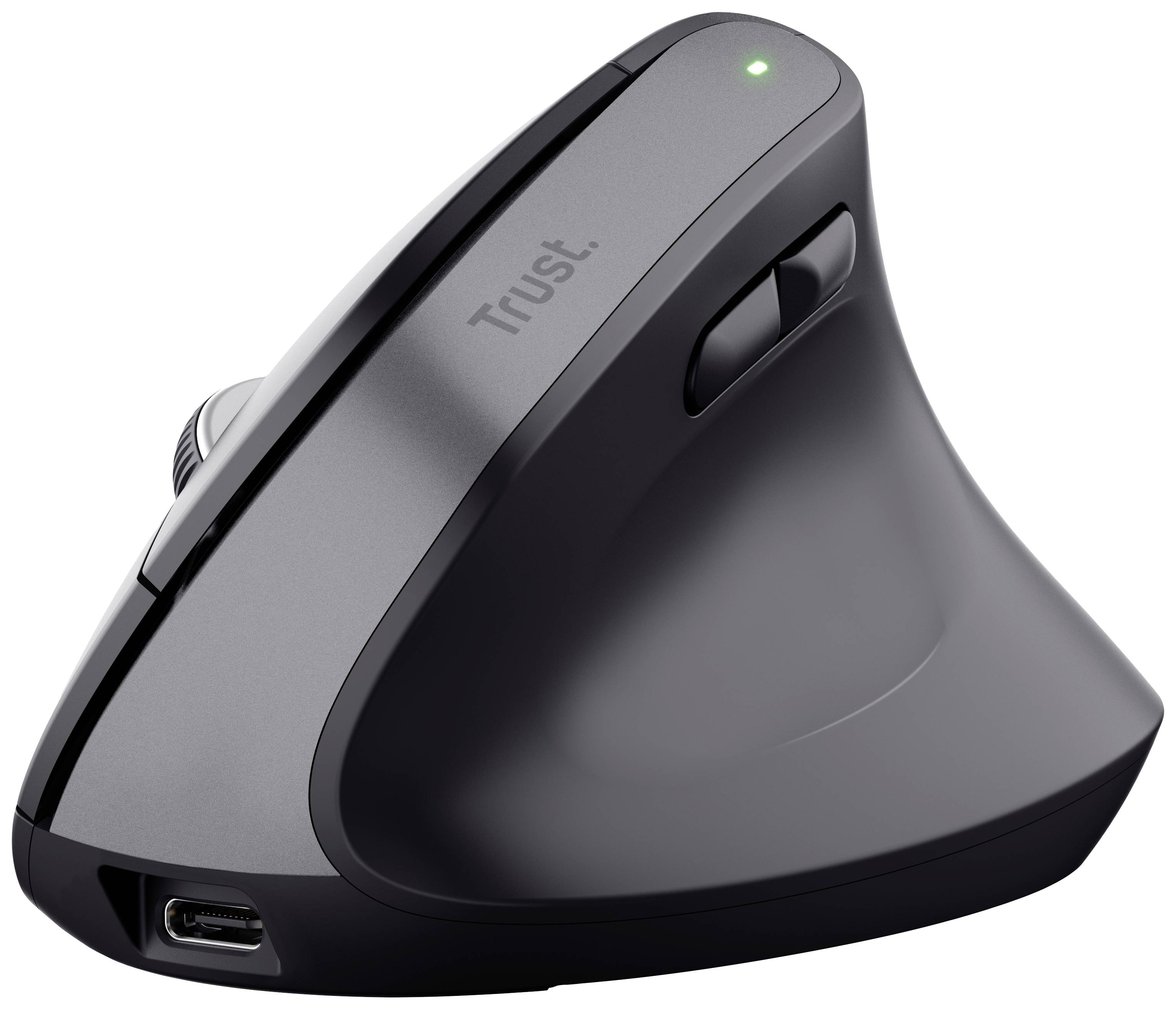 A ergonomic, vertical computer mouse with black design, multiple buttons and a USB-C connection.