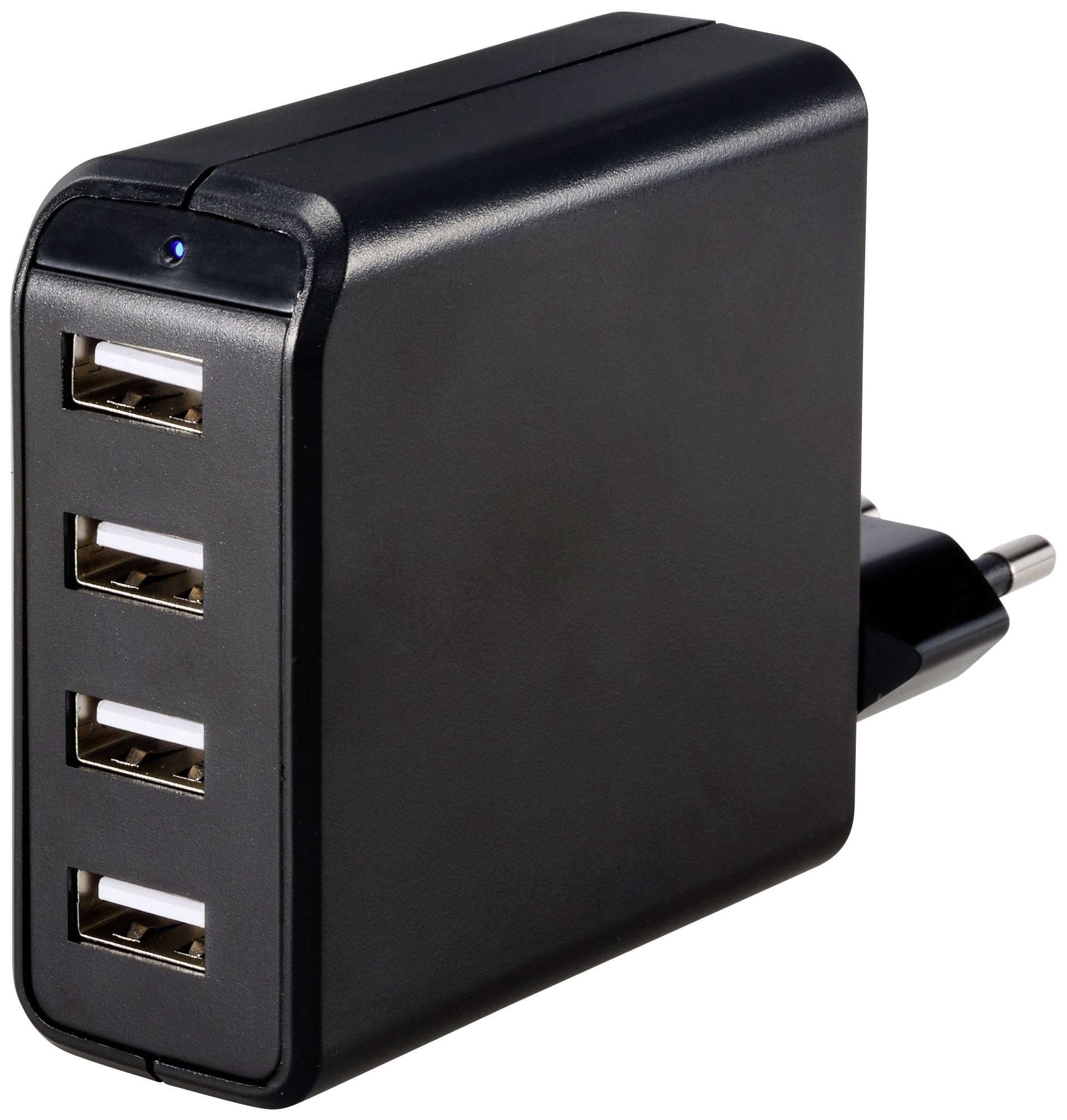 Black USB charger with four USB ports and mains plug, suitable for charging multiple devices simultaneously.