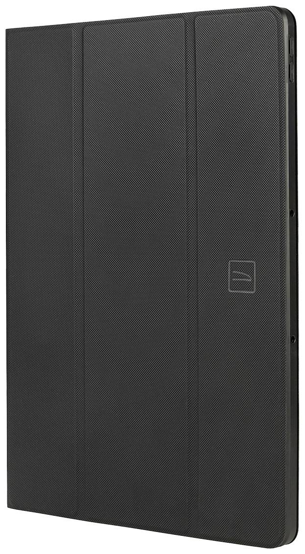 Black, robust tablet case in portrait orientation, showing a subtle texture with visible seam line and logo in the centre.