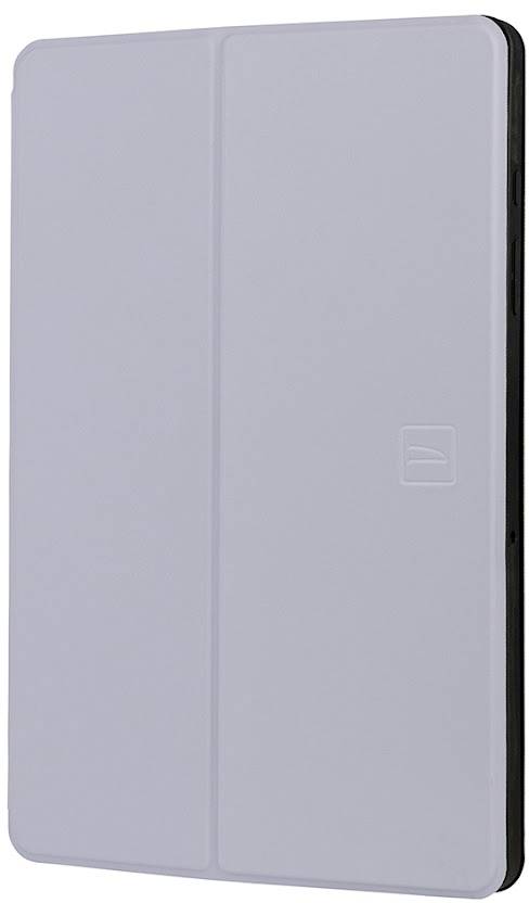 Grey tablet cover in upright position, closed.