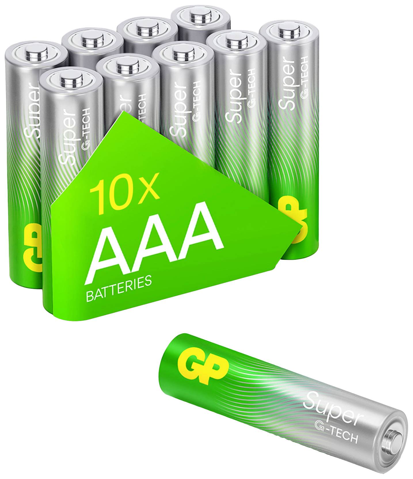 10-pack of AAA batteries, GP logo visible. One battery positioned separately at the front. Power source for electronic devices.