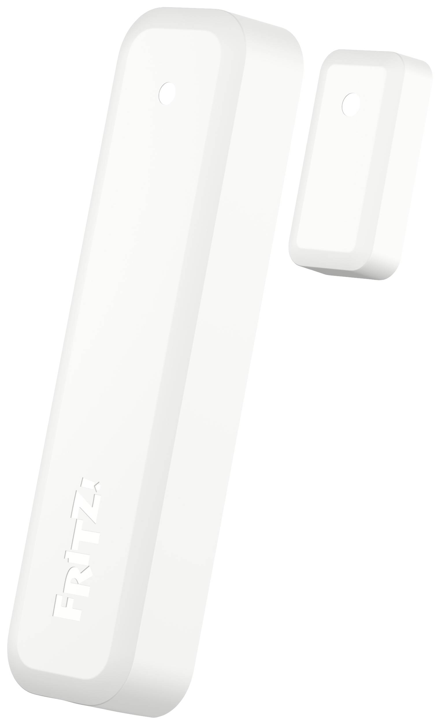 White door and window sensor with 'FRITZ!' inscription, consisting of two parts, for wireless security monitoring systems.