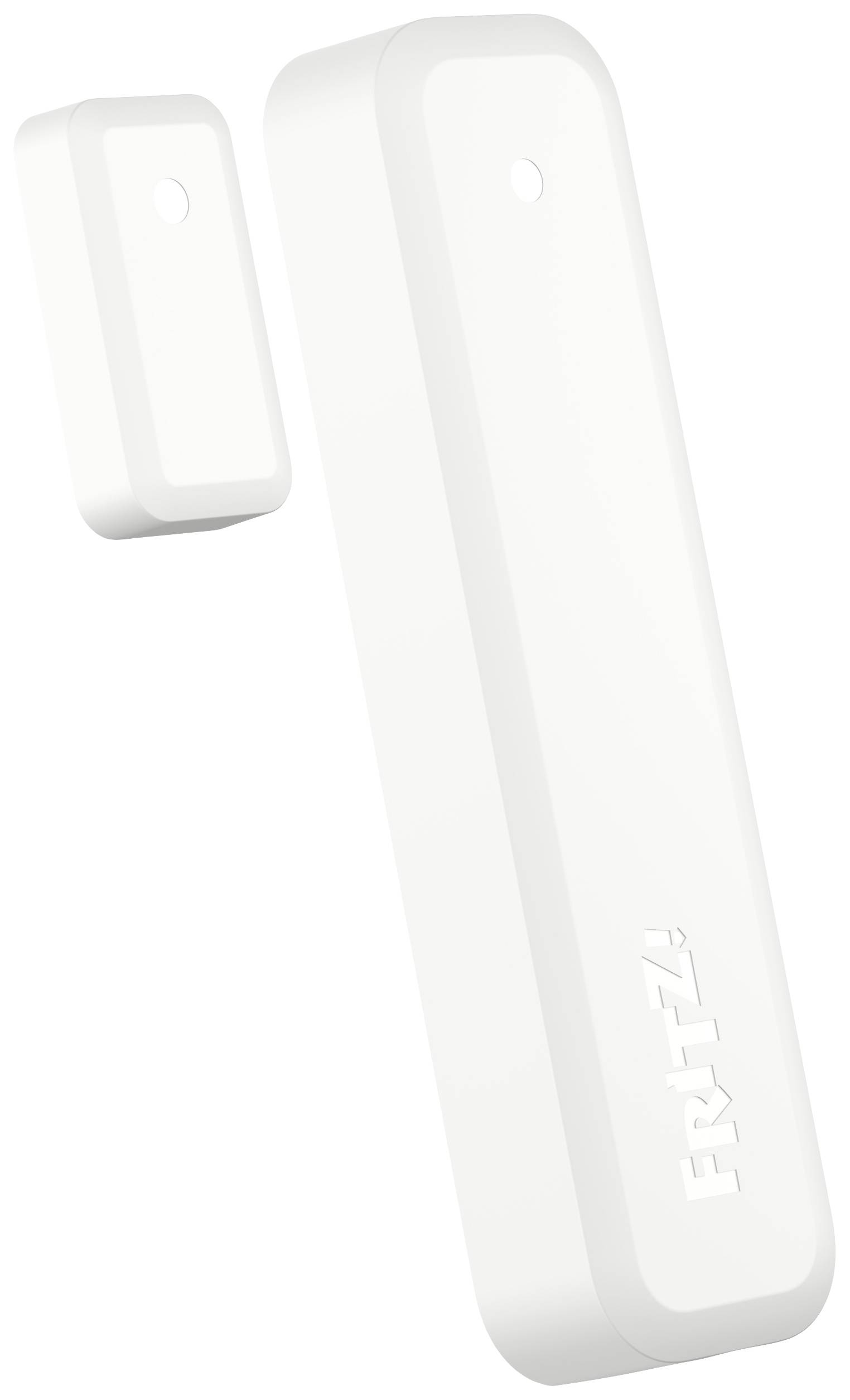 A white door/window contact with a rectangular design. 'Fritz!' marking on the large unit. Used for monitoring opening states.