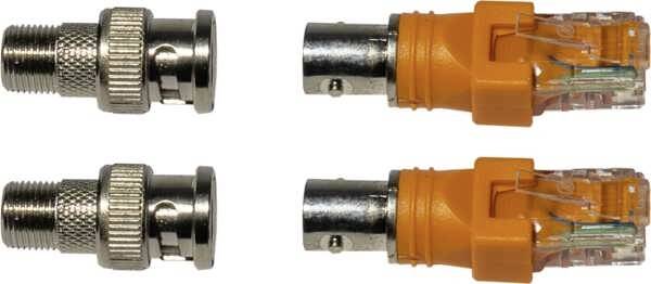 Four coaxial connectors: Two metal BNC plugs on the left and two orange BNC plugs with integrated RJ45 connection on the right.