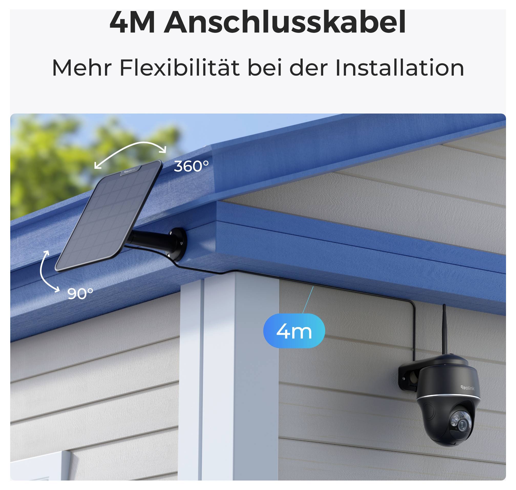 A security camera on the house wall, connected to a solar panel via a 4-metre cable for flexible installation.