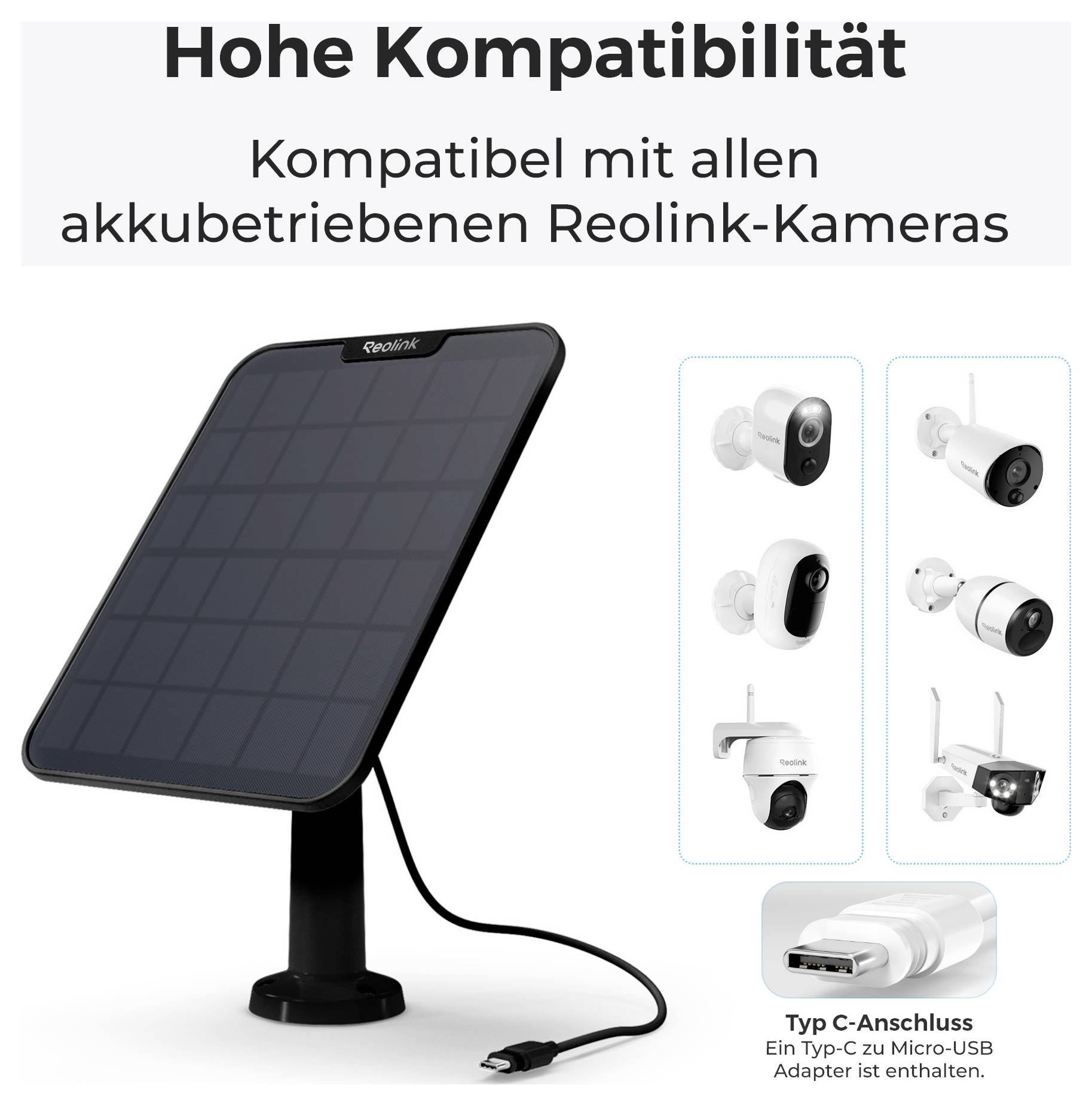 Solar module for Reolink cameras, showing compatibility with various models. USB Type-C connection adapter included.