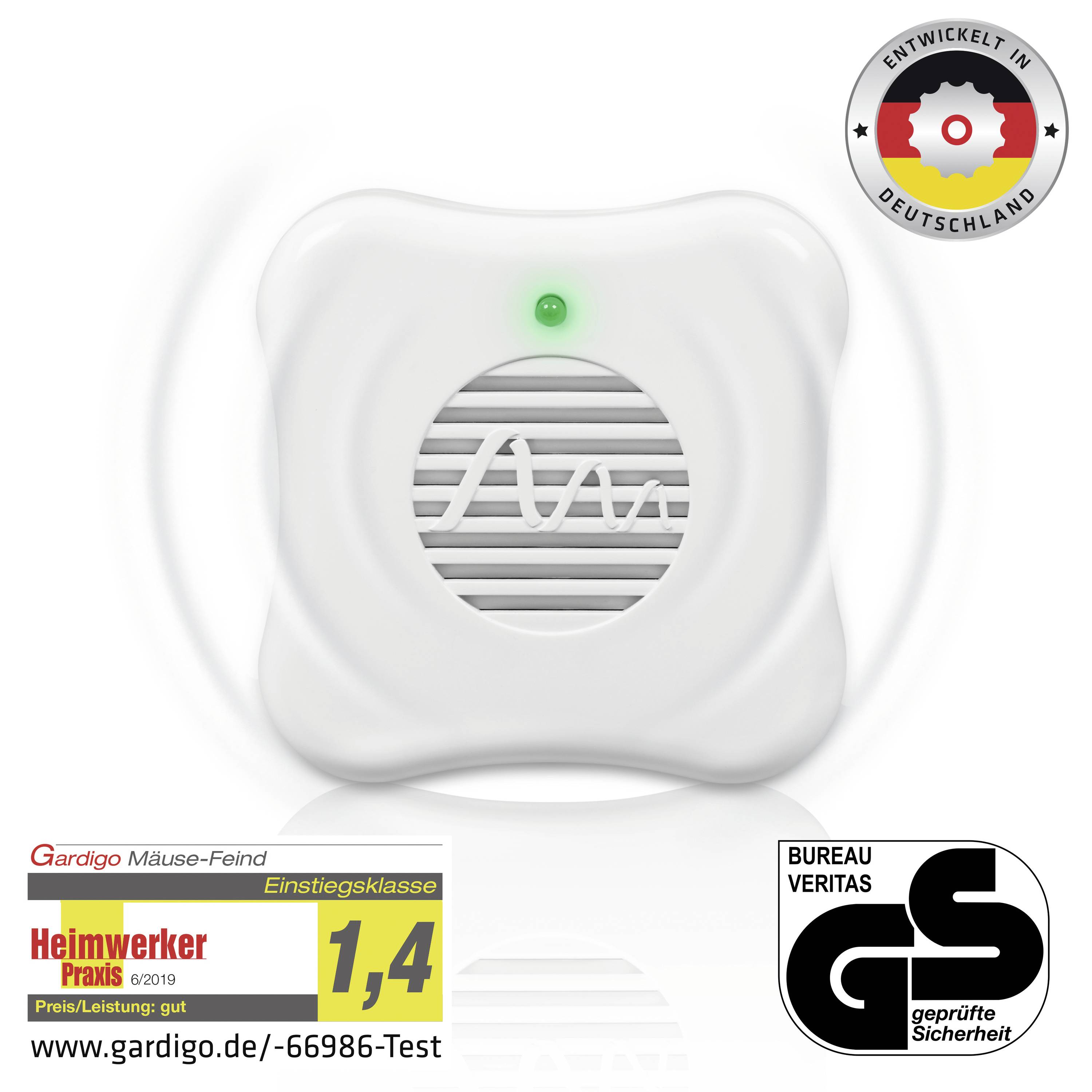 A mouse deterrent with green light. Certificates 'Developed in Germany' and 'Bureau Veritas GS'. Award: DIY Practise 1.4.