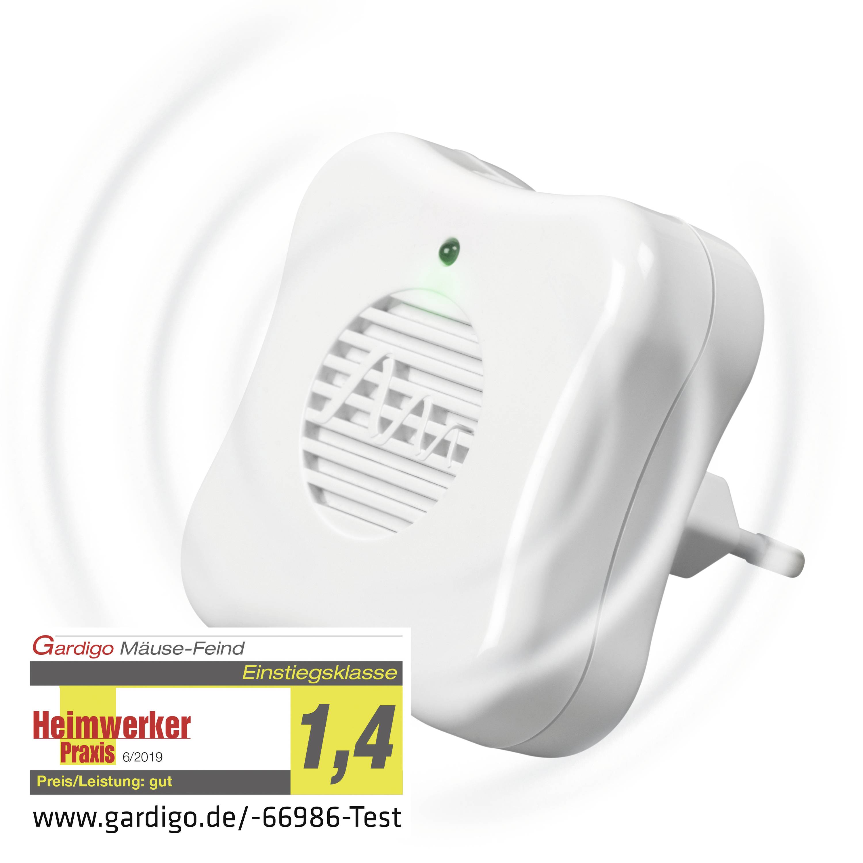 'Gardigo Mouse Enemy', a white plug-in ultrasonic pest repeller with a price/performance rating of 1.4 in 'DIY Practice'.
