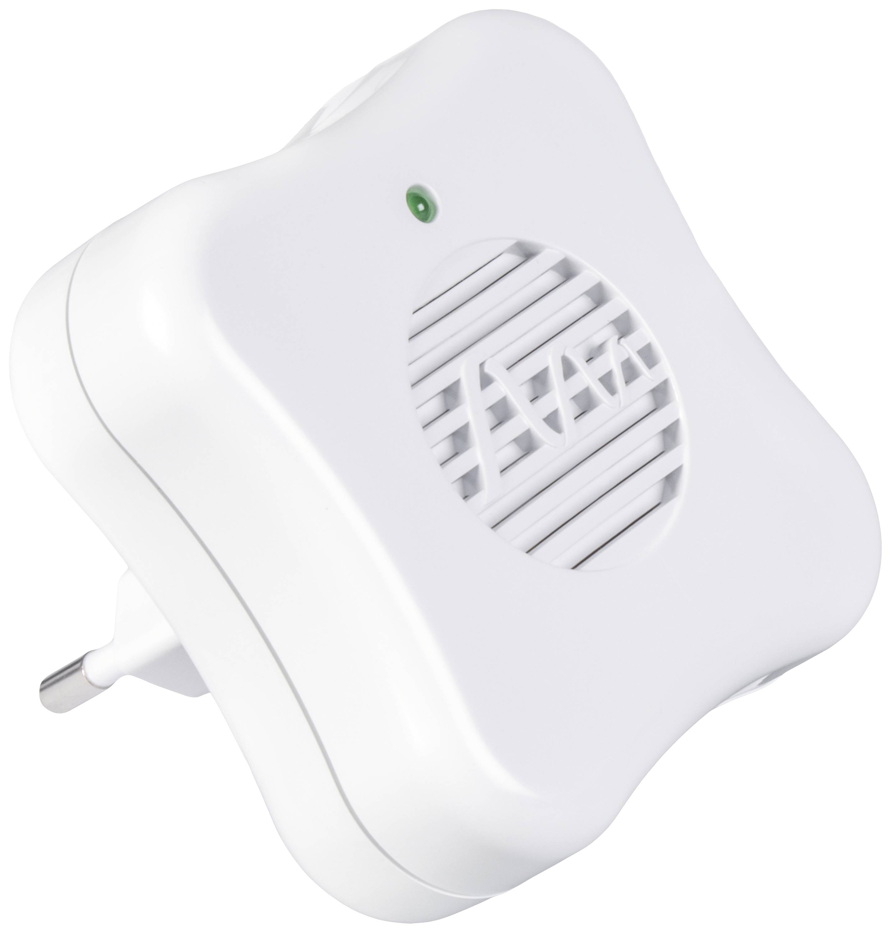 A white electronic sensor plug with ventilation slots and a small green LED indicator on the front.