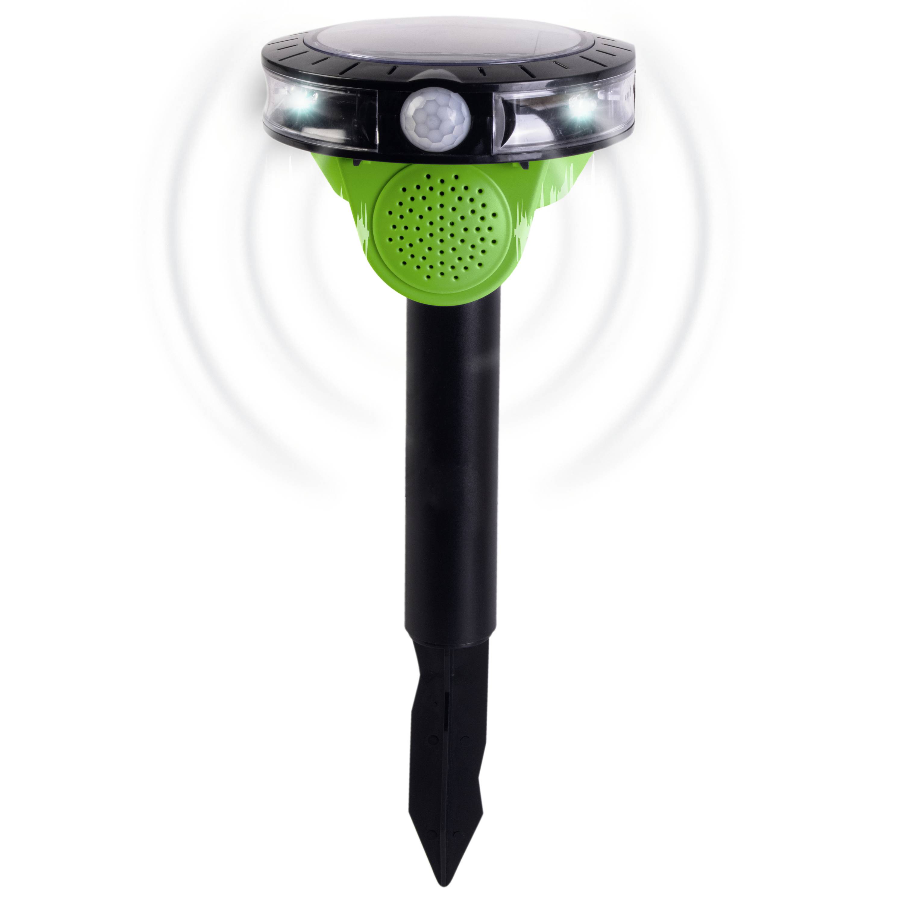 A solar-powered animal deterrent with a green casing and black ground spike. Top fitted with a solar panel and sensor for animal deterrence.