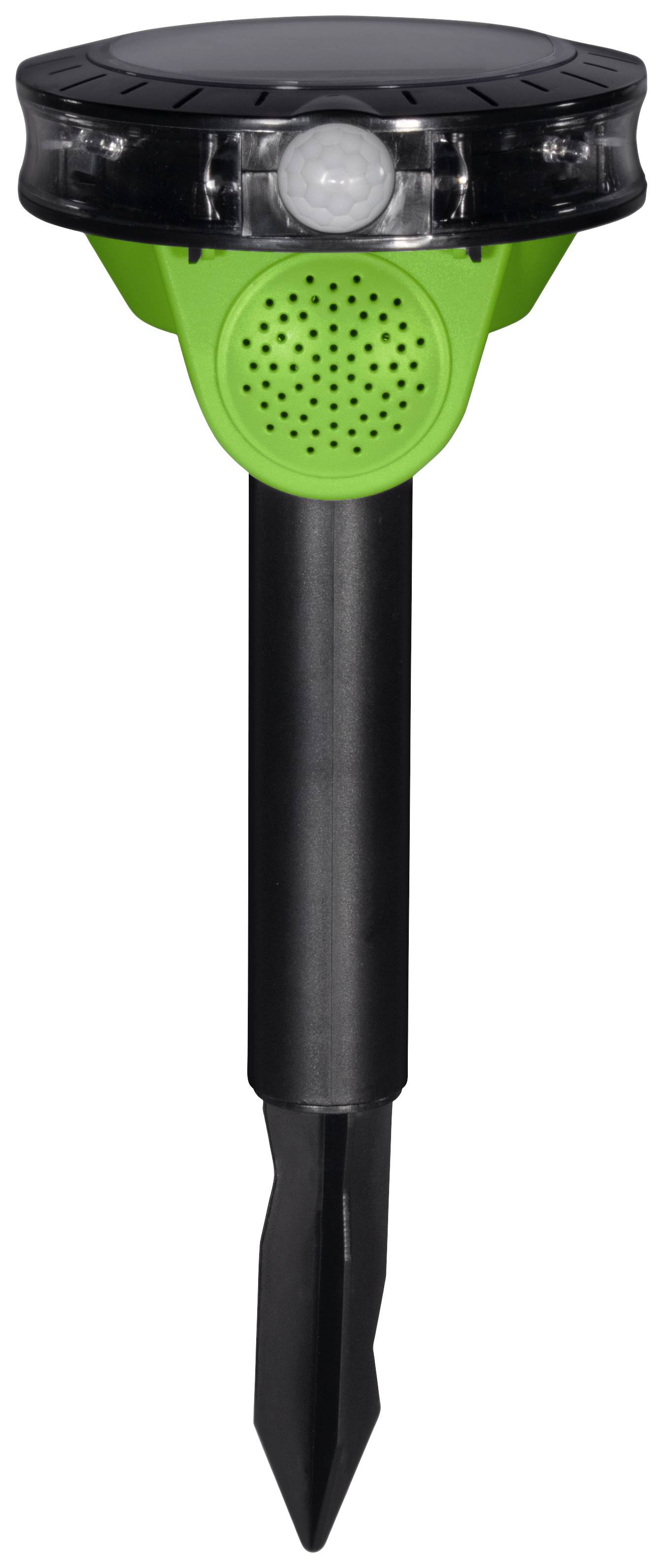 A solar-powered animal deterrent with motion sensor and stake for ground mounting.