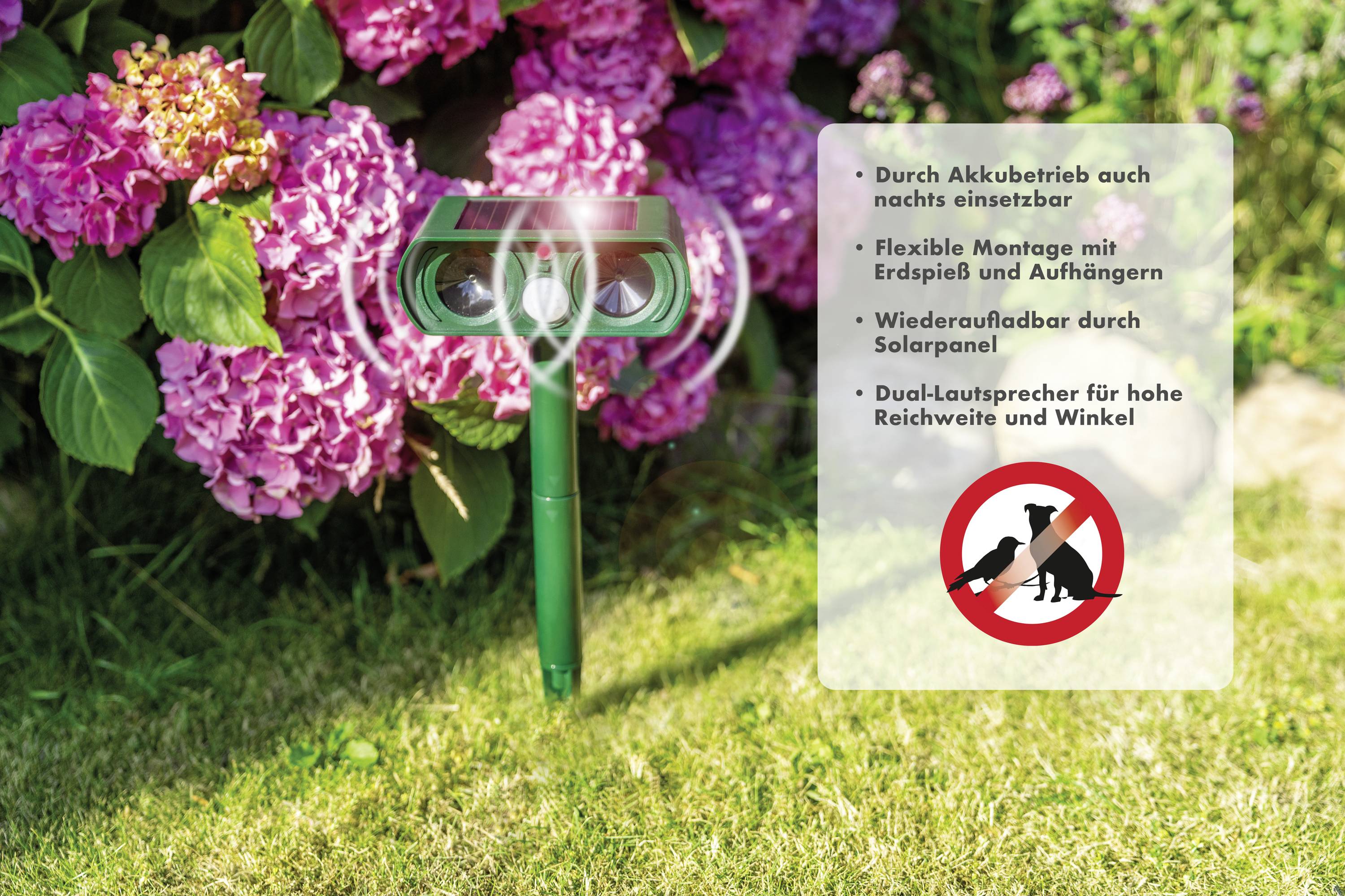 A solar-powered animal deterrent with two speakers stands on a lawn in front of flowering hydrangeas. Text explains functions.
