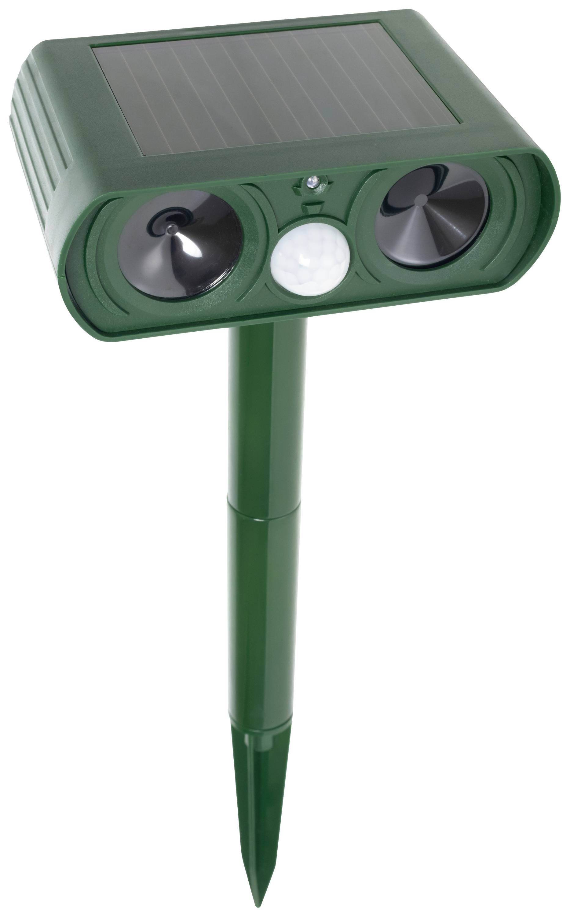 Green solar-powered animal deterrent with motion sensor and ultrasonic speakers mounted on a ground stake.