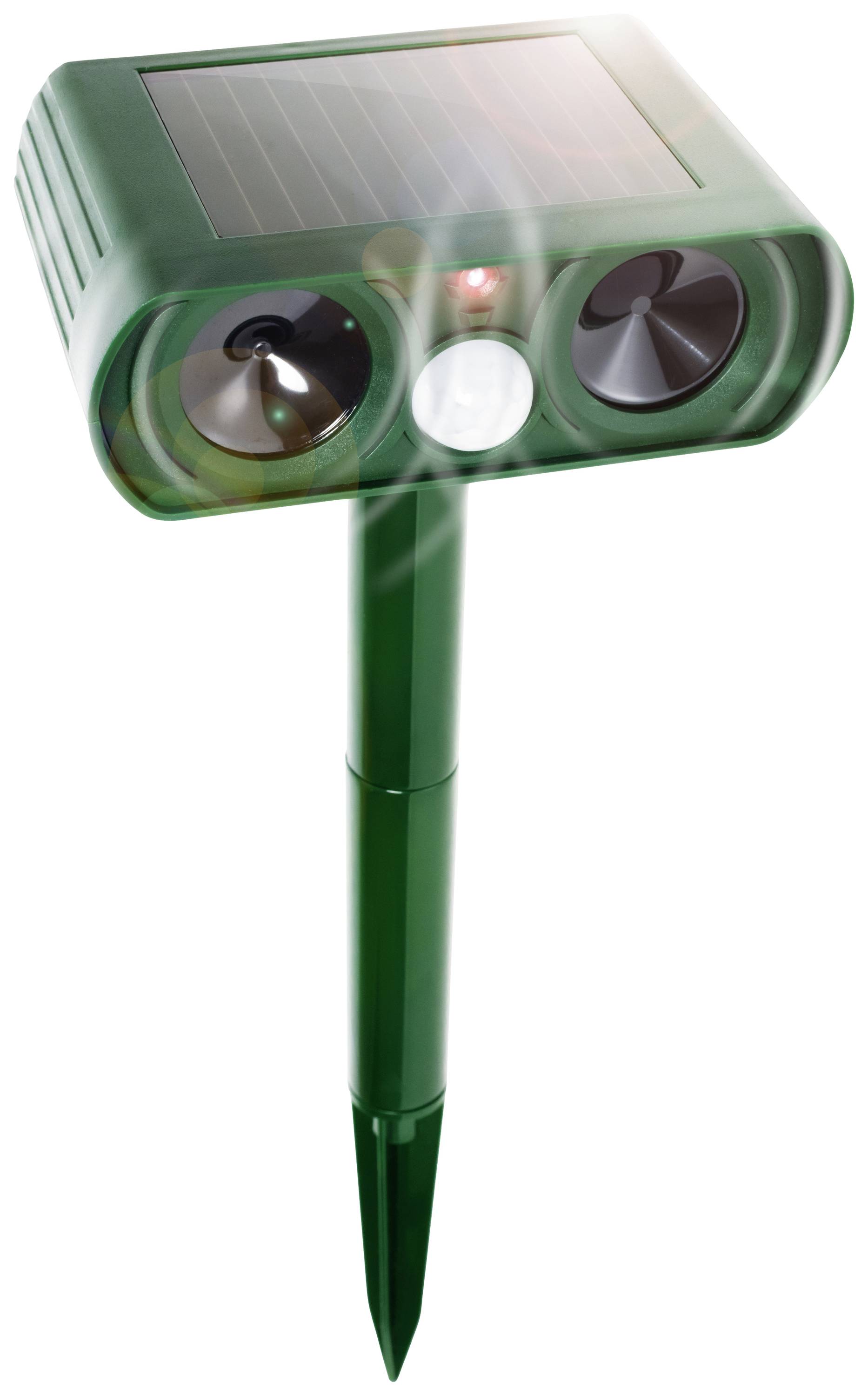 Solar-powered animal deterrent with ground spike, two speakers, and motion sensor, for repelling animals in the garden.