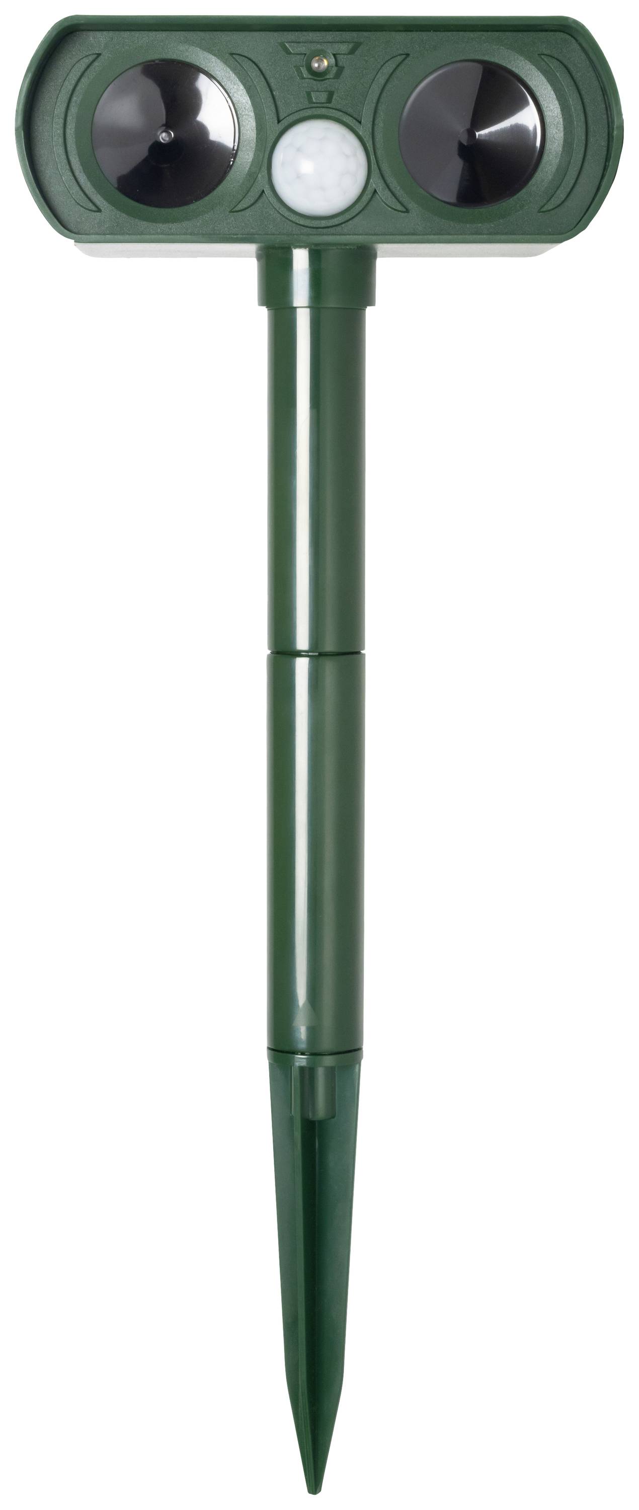 Green animal deterrent device in the form of a pole with two speakers and sensors on top, designed to repel animals from the garden.