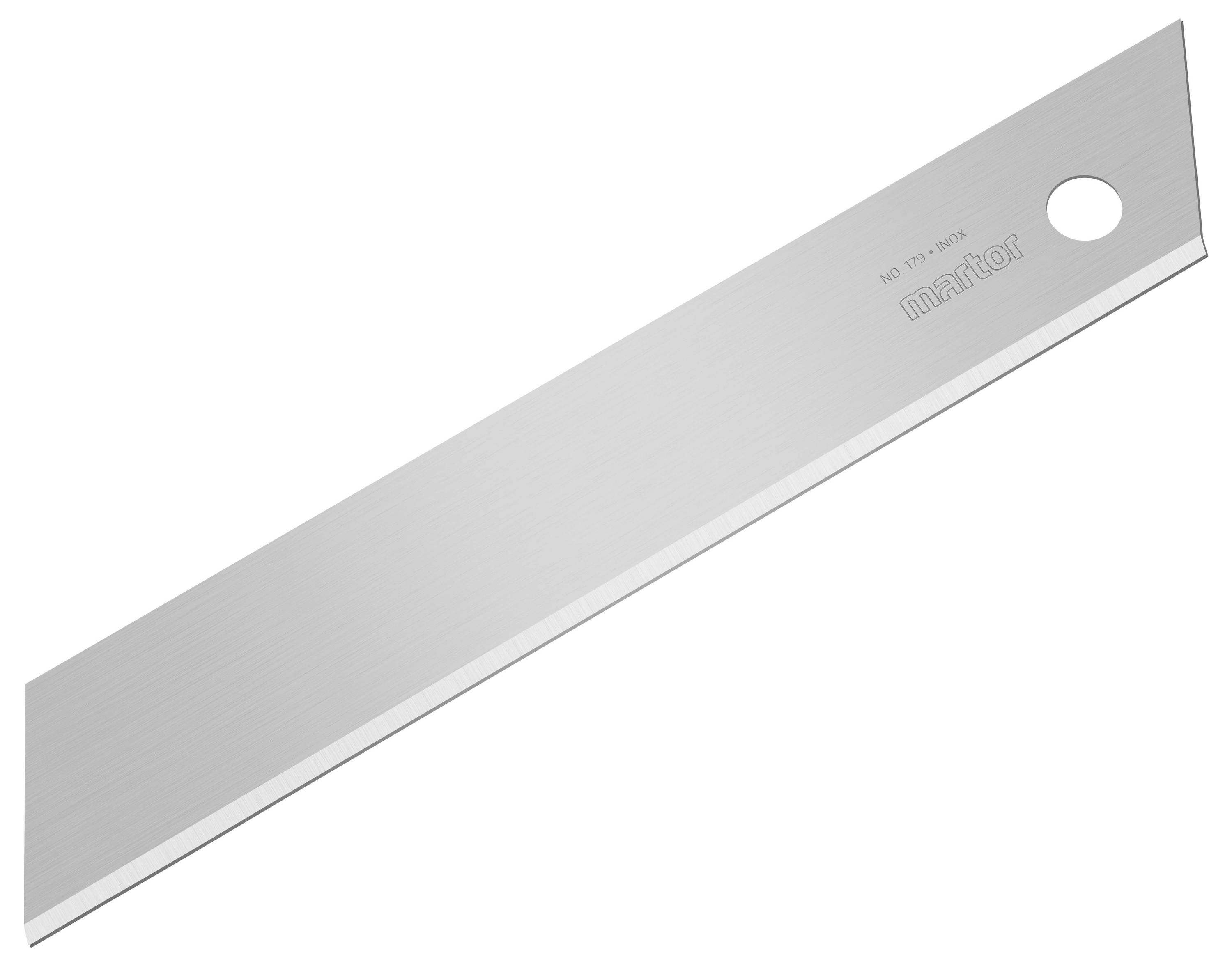Silver replacement blade with a hole on one side and 'martor' engraved.