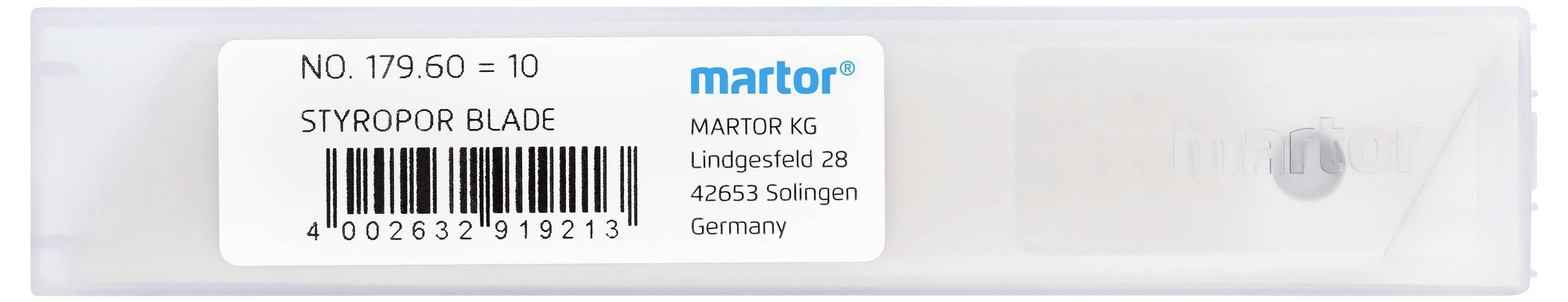 'Martor Styropor Blade', Article number 179.60. Contains barcode and address: Lindgesfeld 28, 42653 Solingen, Germany.