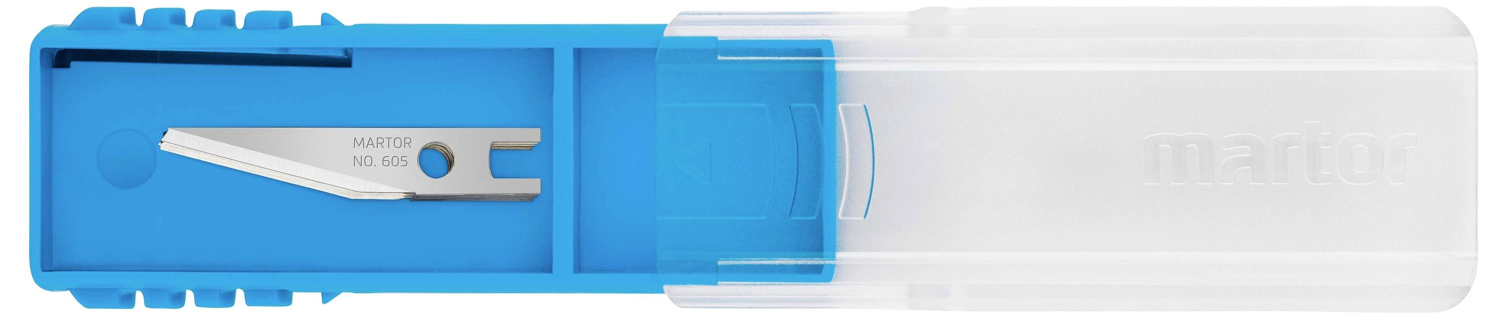 A blue plastic container with a pull-out compartment displaying a replacement blade knife in a protective sleeve holder.