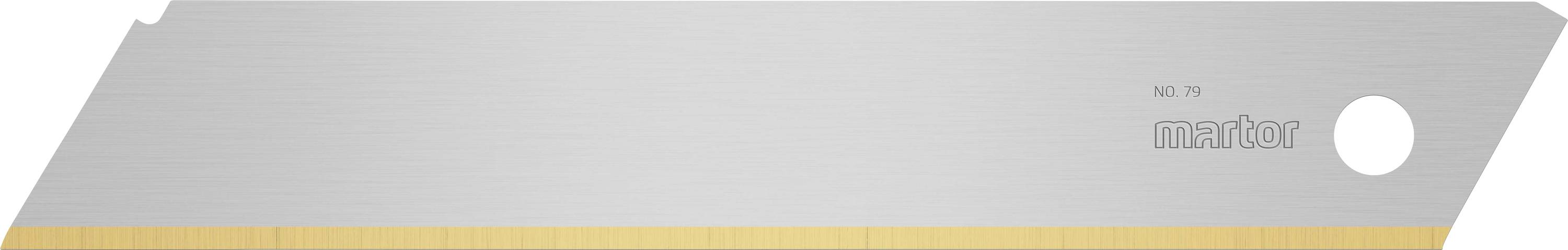 A silver replacement blade with a hole on the right side. 'RGT 19' and 'martor' are printed on it. A yellow stripe is located at the bottom.