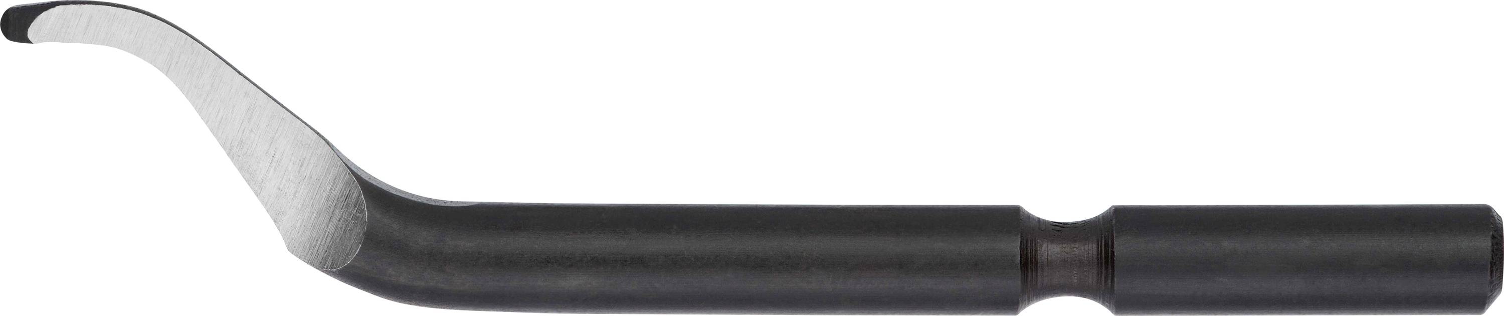 A black, curved tool with a sharp, silver edge used for deburring.