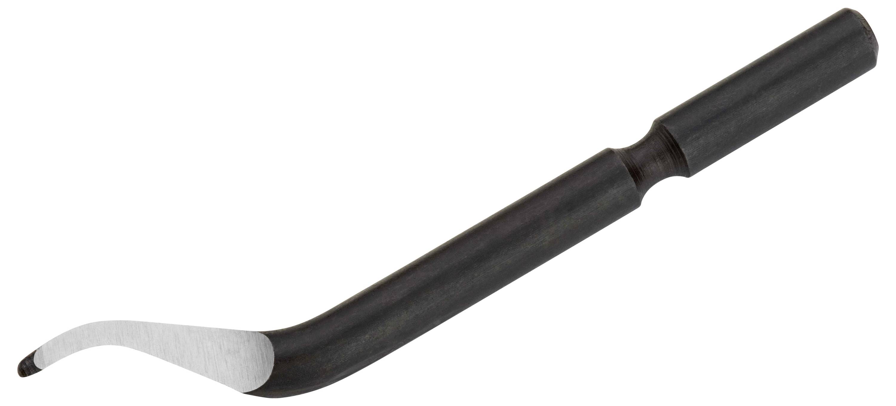 Wire deburring tool with curved handle, used for removing sharp edges from metal surfaces.