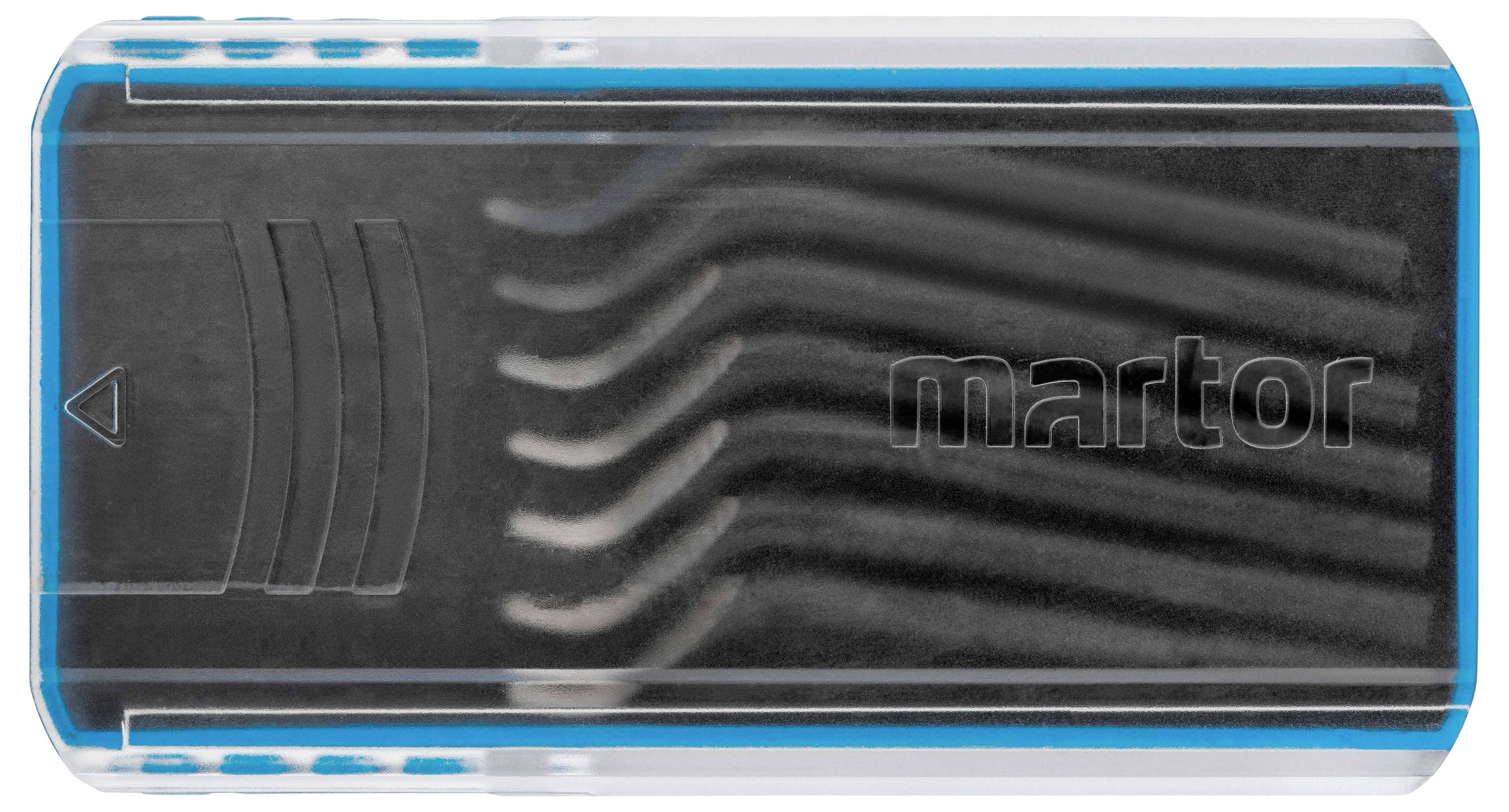 A plastic container with several silver blades stacked sideways inside. The word 'martor' is visible on the surface.