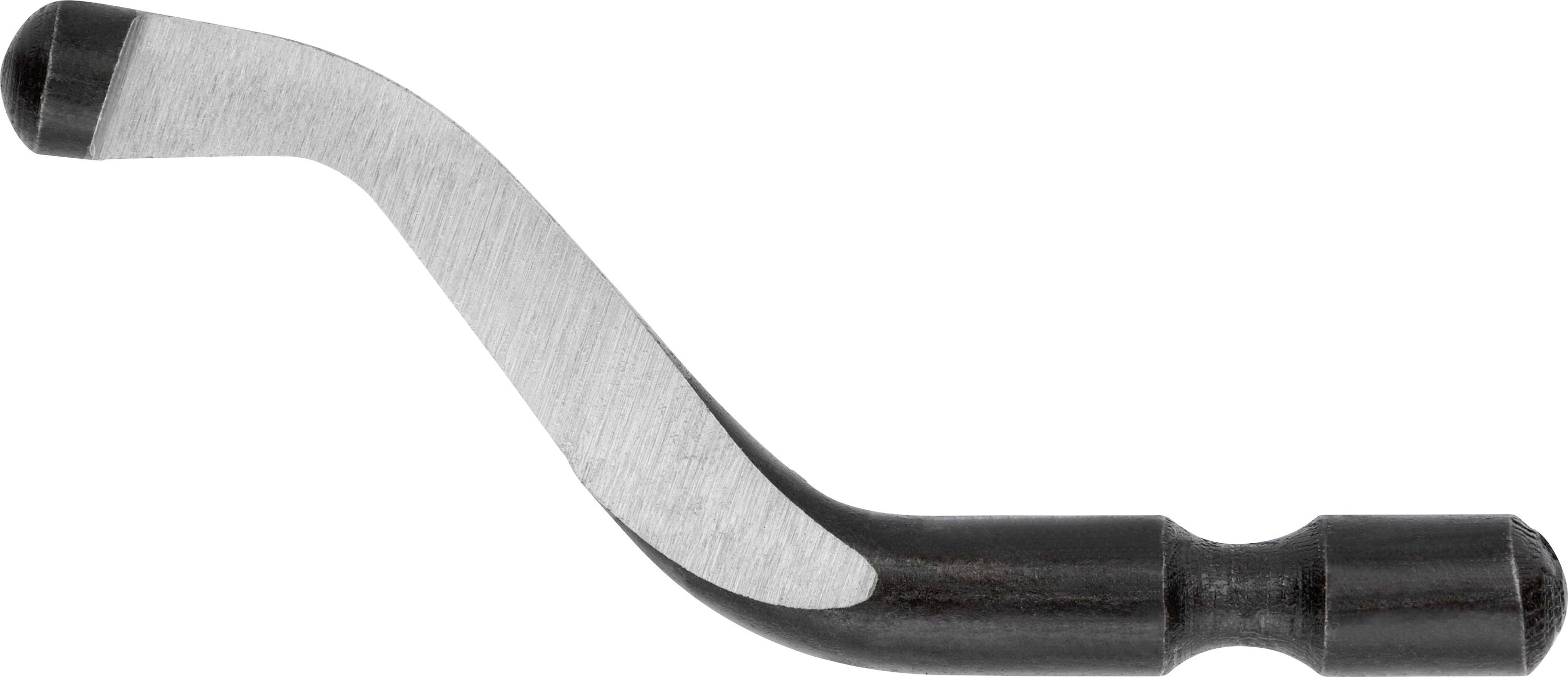 A deburring tool with a curved, two-coloured blade. The blade is suitable for processing edges or drill holes.