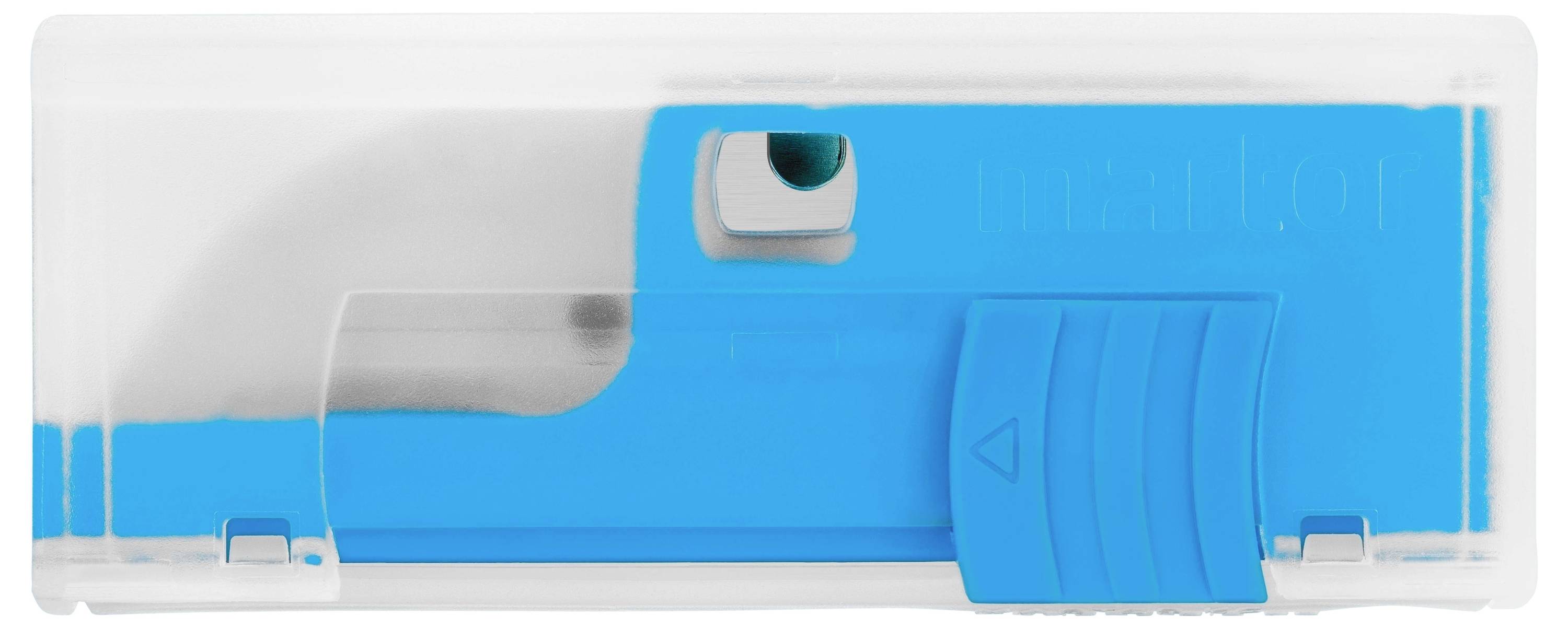 Blue and white eraser in a transparent plastic case, viewed from above.