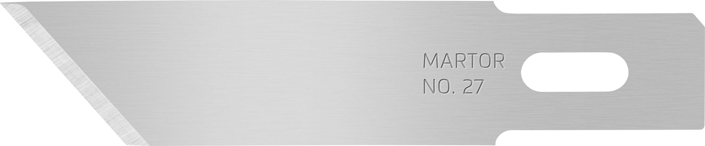 The image shows a silver replacement blade with the inscription 'Martor No. 27'. It has a bevelled cutting edge and a mounting hole.