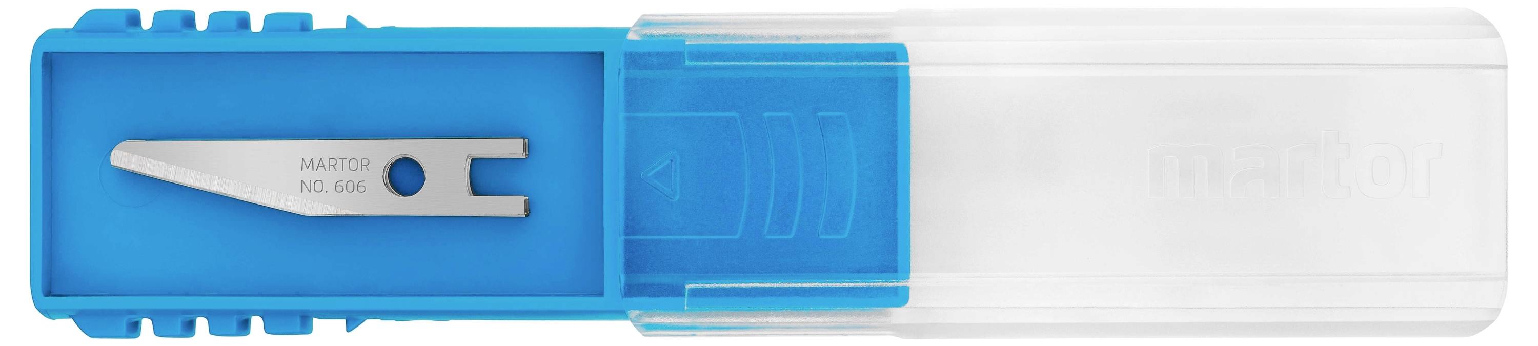 A blue pencil sharpener with a transparent lid and visible silver blade mechanism, lies flat on a surface.