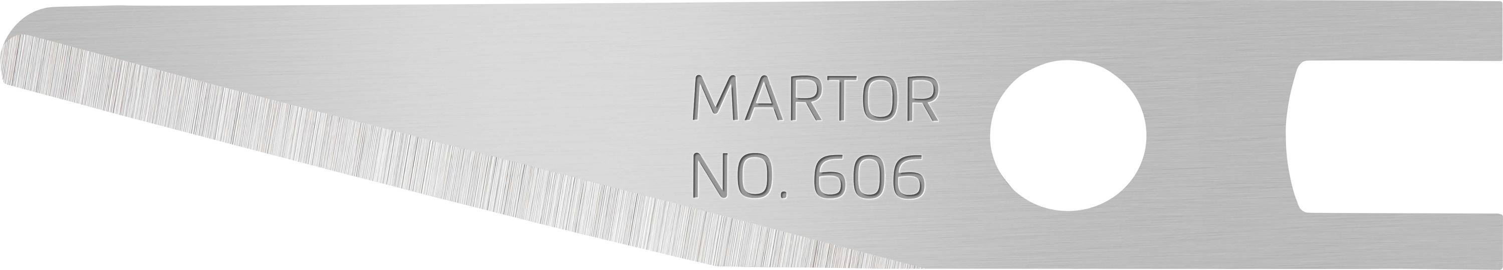 Blade with the inscription 'Martor No. 606', silver-coloured, with a sharp cutting edge and oval hole; tool component.