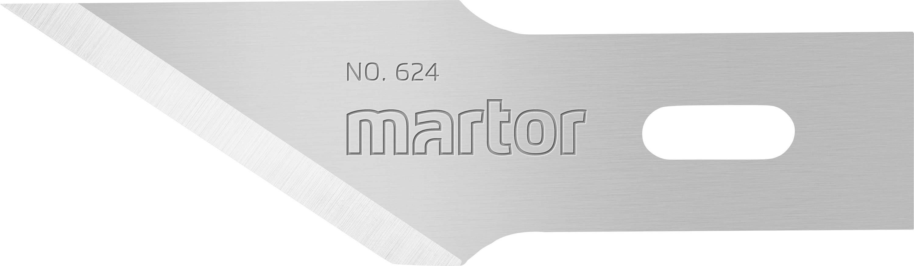 A silver Stanley knife with the inscription 'NO. 624' and 'martor', with a sharp point on the left and an oval opening on the right.