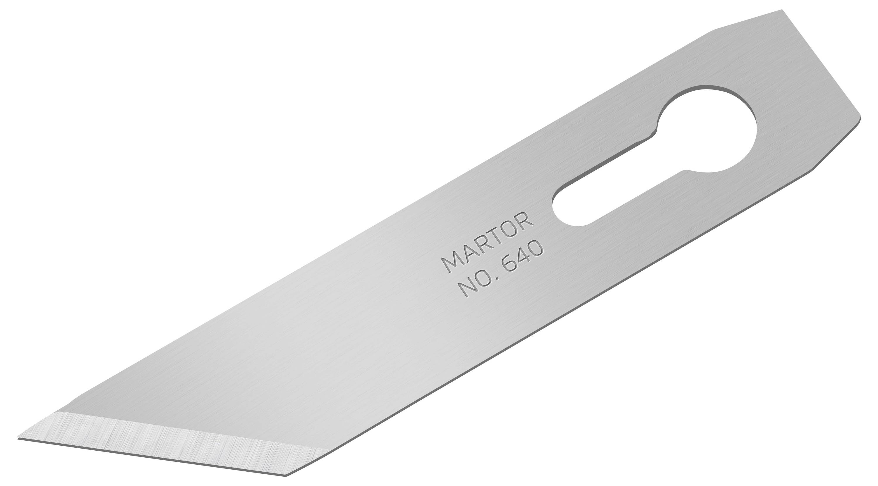 Replacement metal blade with a bevelled tip and hanging hole, marked with the inscription 'MARTOR NO. 640'.