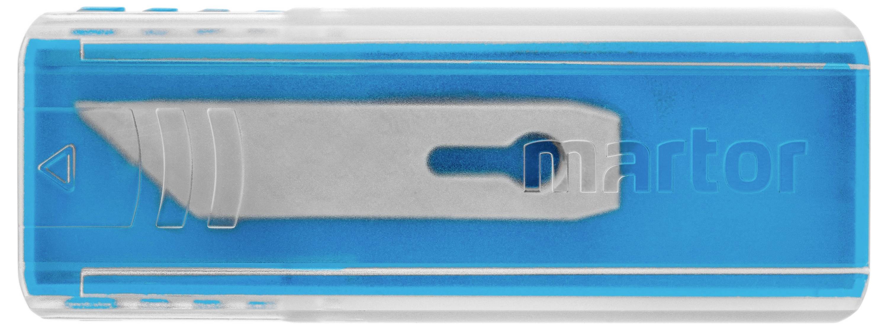 A rectangular, blue-translucent blade holder with a visible silver blade inside.