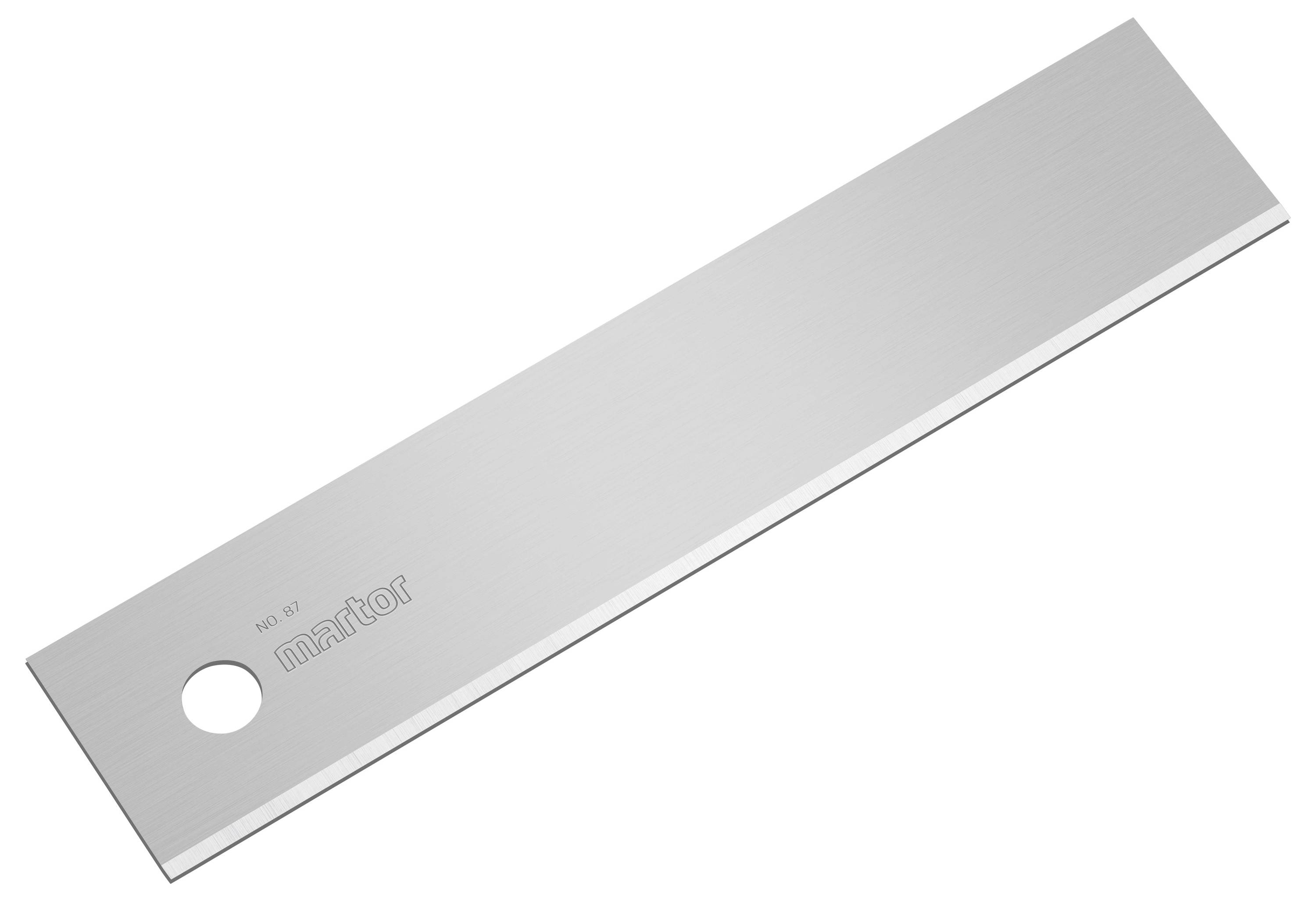 A silver blade with a circular hole at the left end, stamped with 'martor'.