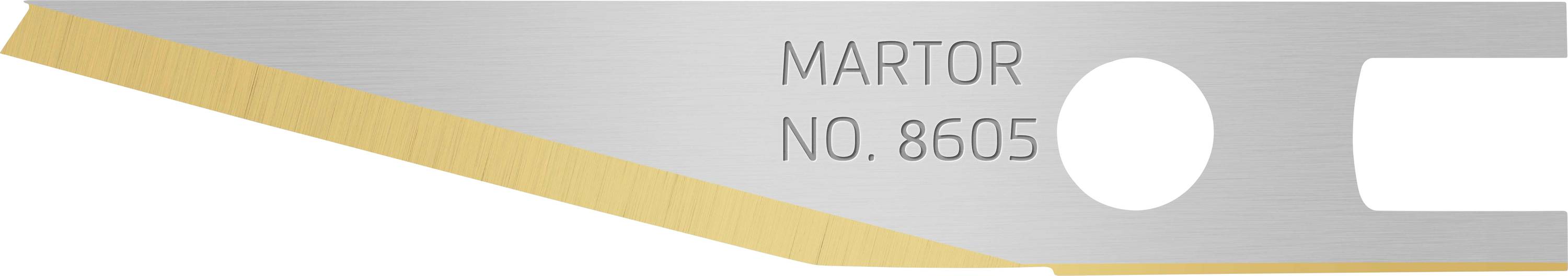 Bevelled blade inscribed with 'MARTOR NO. 8605', silver with a golden edge, suitable for precise cutting.