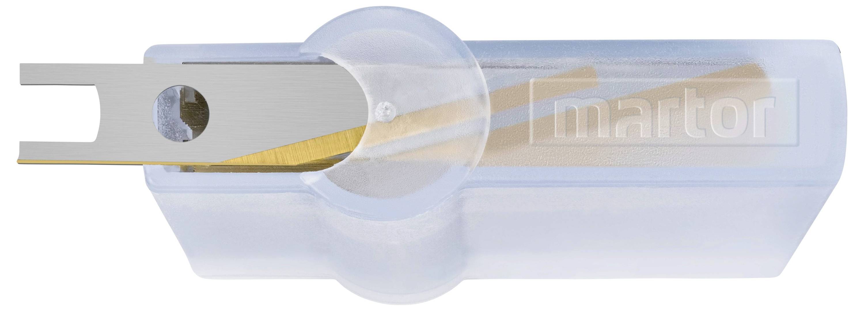 A safety knife with a retractable blade in a transparent blue casing.