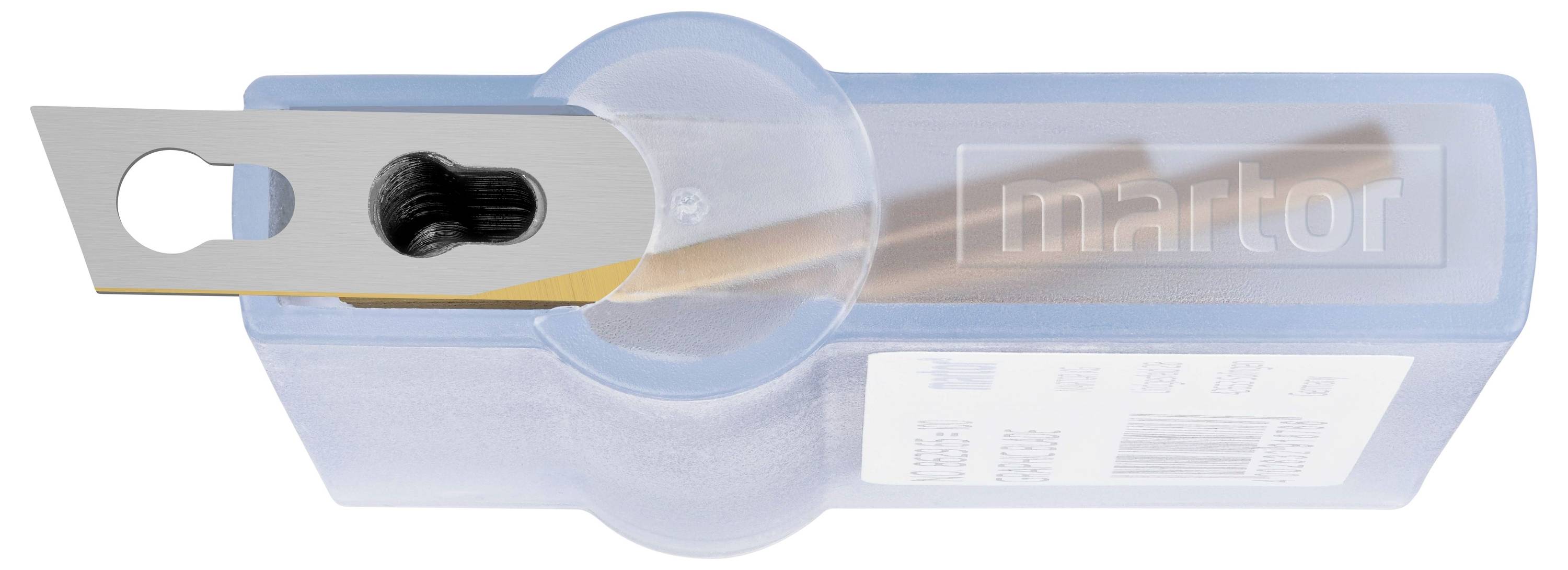 A blue safety scraper with a visible blade partially inserted into a transparent housing.