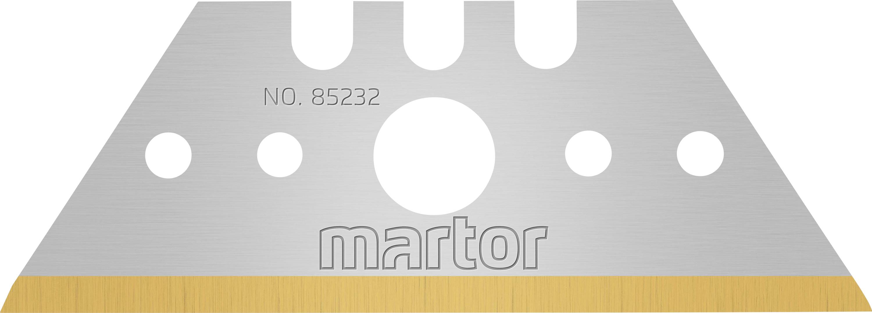 A trapezoidal replacement blade with multiple holes and the inscription 'martor', model number 85232, with a golden edge.