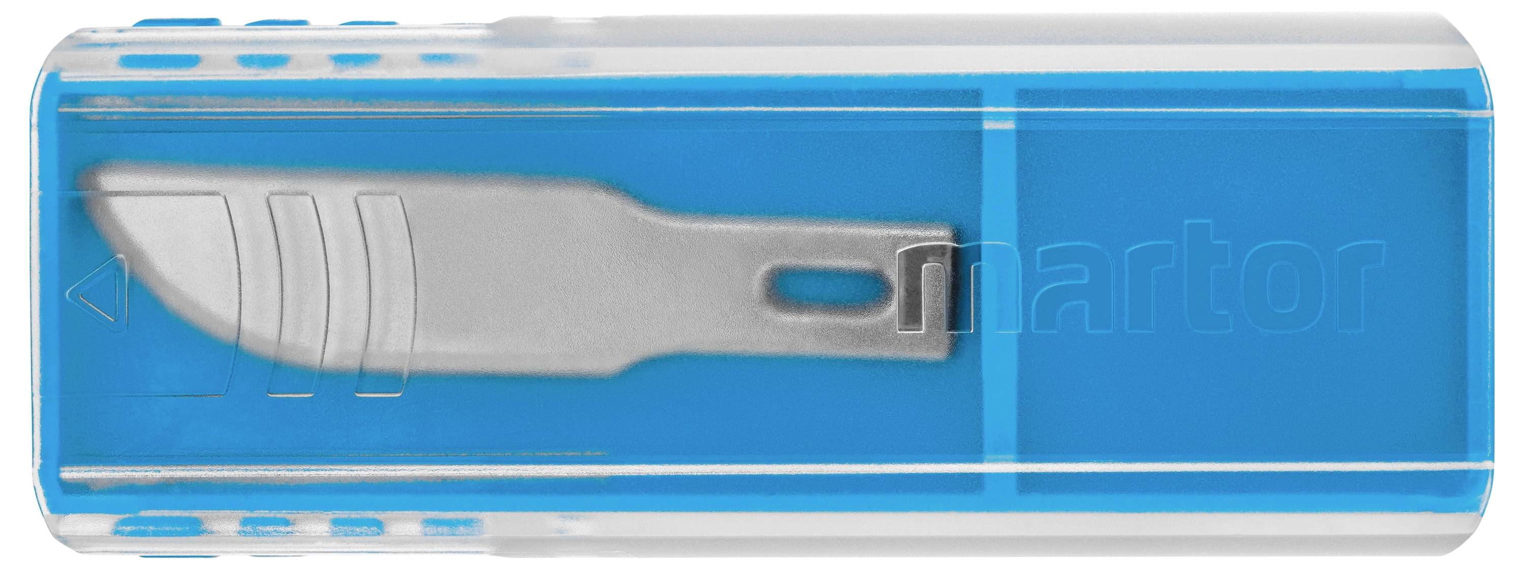 A silver replacement blade piece in a rectangular blue plastic packaging.