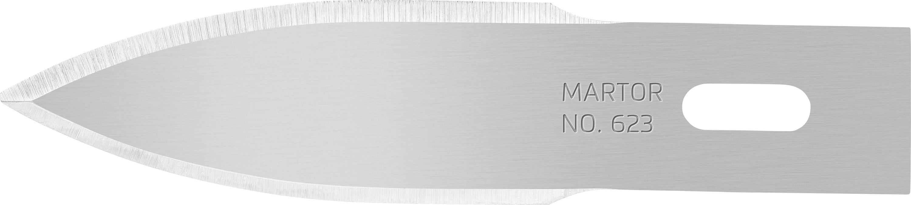 A silver replacement blade by Martor, model number 623, with a sharp point and smooth, sharp cutting edge.