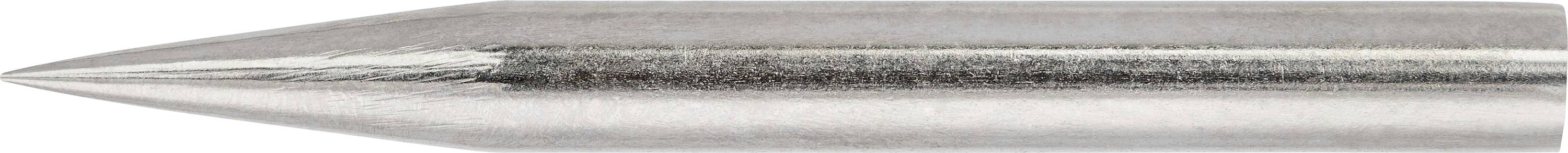 Silver, metallic ballpoint pen refill in close-up, with a sharp tip and smooth surface.