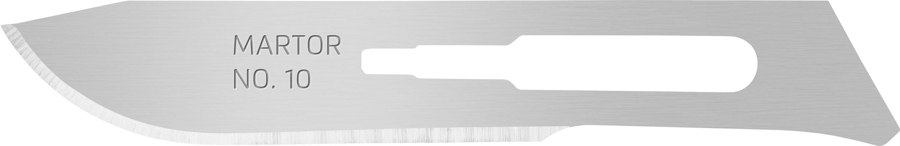 A Martor scalpel blade, Model No. 10, made of metal with a sharp cutting edge, suitable for precise cutting.