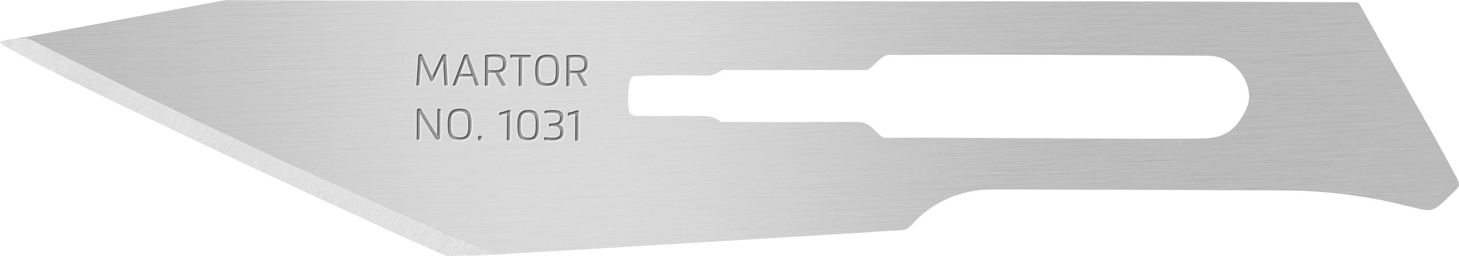 'Martor No. 1031' blade with a pointed cutting edge and rectangular handle; suitable for precise cutting.