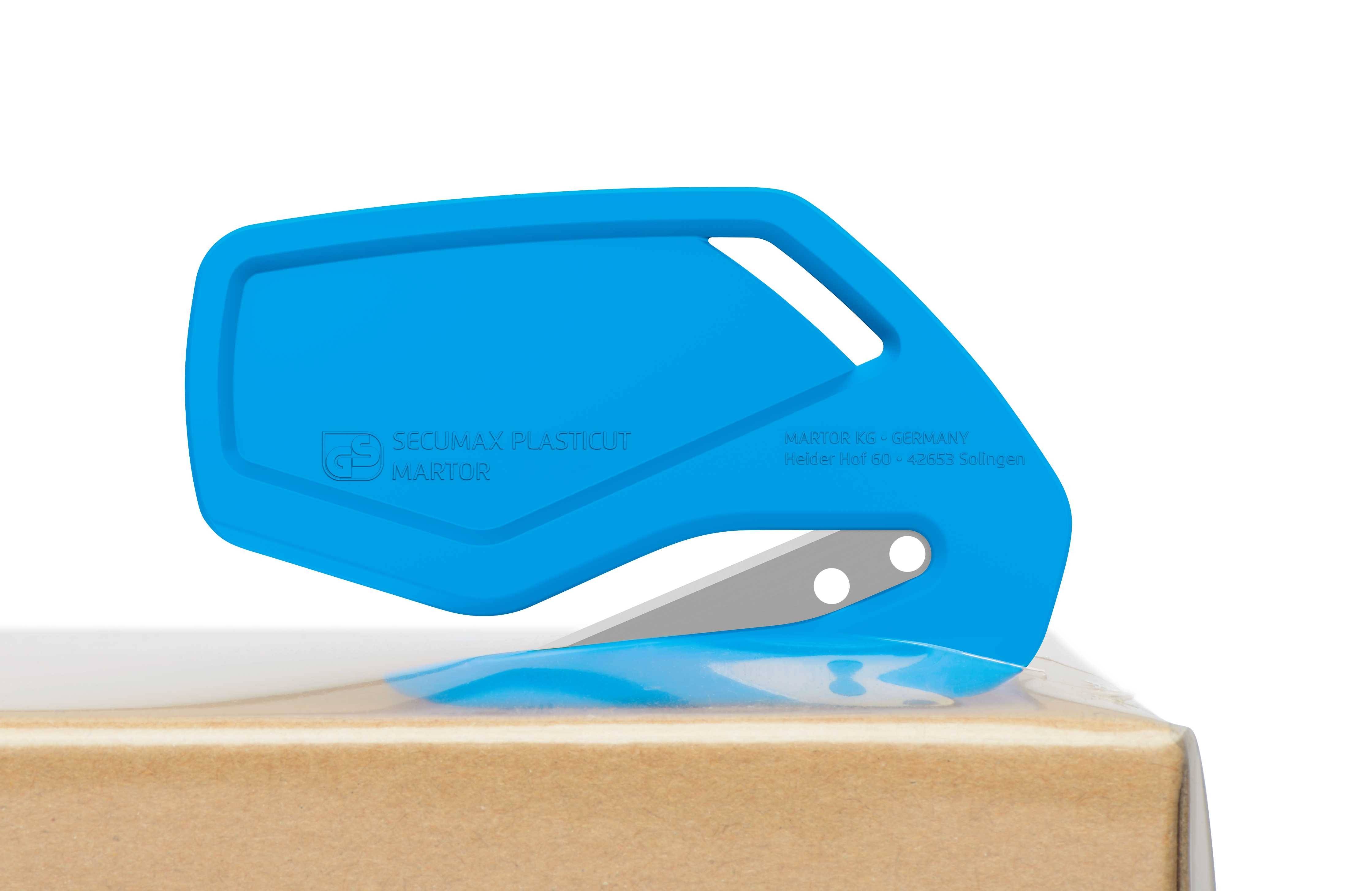 A blue safety box cutter cuts tape on a parcel. The design prevents injuries.